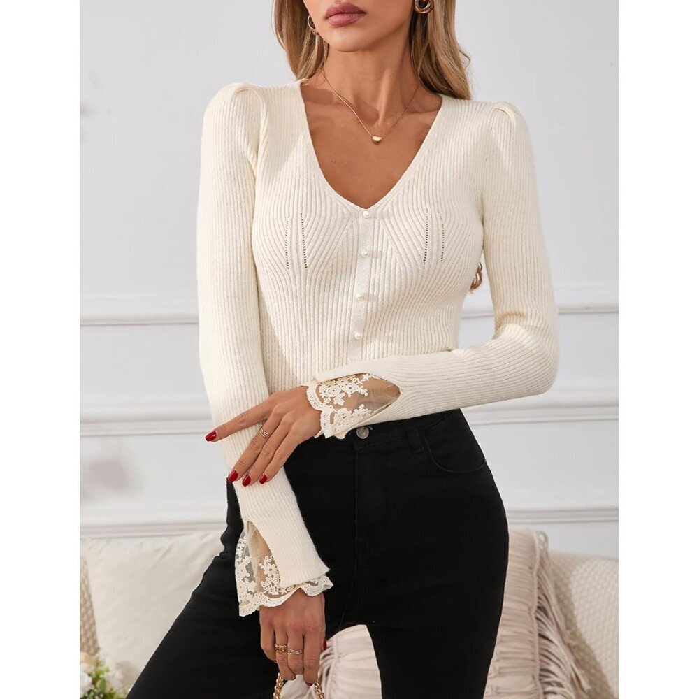 Women's Ribbed Knit V-Neck Sweater Large Fall Casual Dressy Outfits - Picture 6 of 7